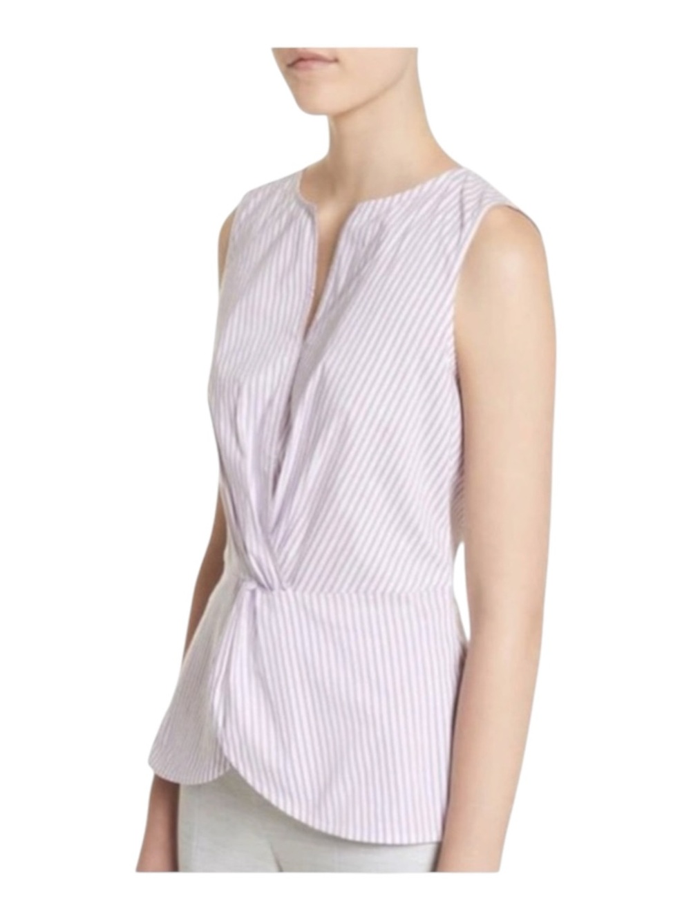 new St John ❉ Pinstripe Twist Front Sleeveless Surplice Top ❉ Orchid Stripe ❉ M - Picture 2 of 16